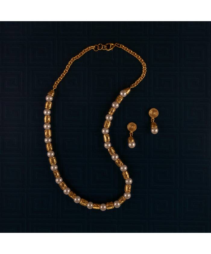 G1+E1 Conjunto de collar y pendientes precolombinos Filigrana y Perla baño de oro 24K