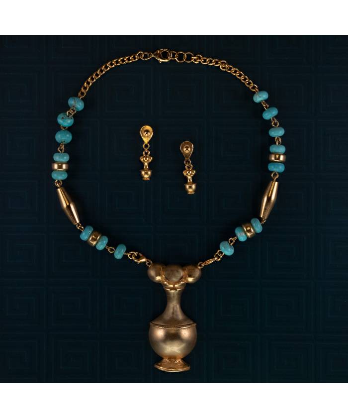 G7XX+ES Conjunto de collar y pendientes precolombinos Poporo Quimbaya baño de oro 24K